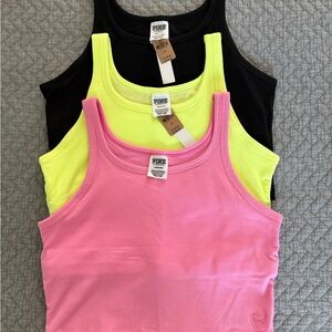 PINK Victoria's Secret Ribbed Tank Tops - Pink, Neon Yellow, Black (3-Pack) Lrg